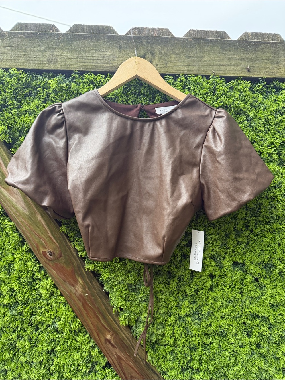 Brown Faux Leather Puff Sleeve Crop Top
